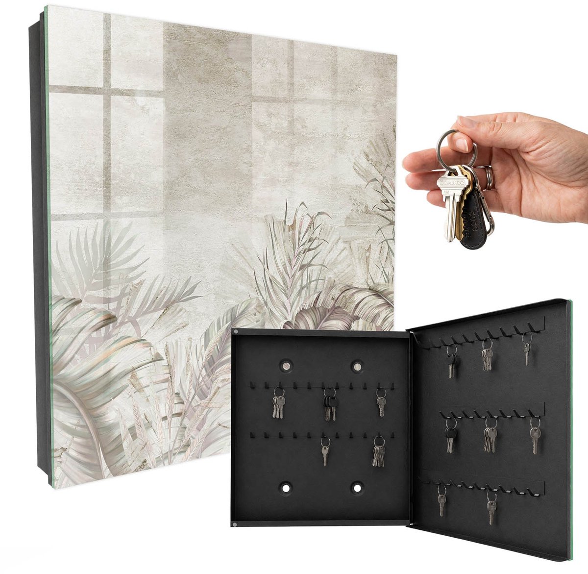 WallMuralia - Sleutelkast - 30x30x5 cm - met 50 haken - Subtiele Exotisme Design Sleutelkastje - Beige Sleutelbox - Rechtsopenend - Zwart interieur