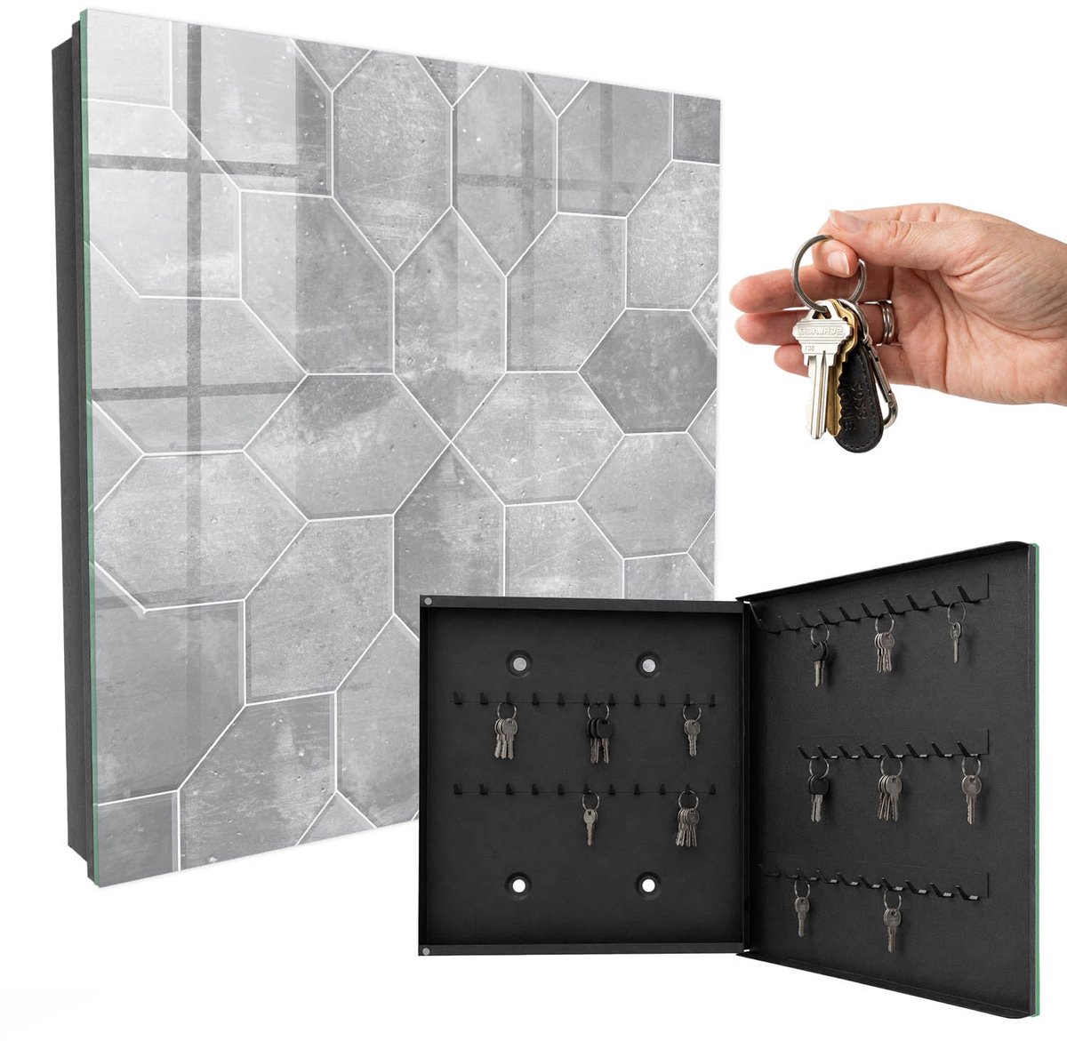 WallMuralia - Sleutelkast - 30x30x5 cm - met 50 haken - Grijze Geometrie Sleutelkastje Huis - Grijs Sleutelbox - Rechtsopenend - Zwart interieur