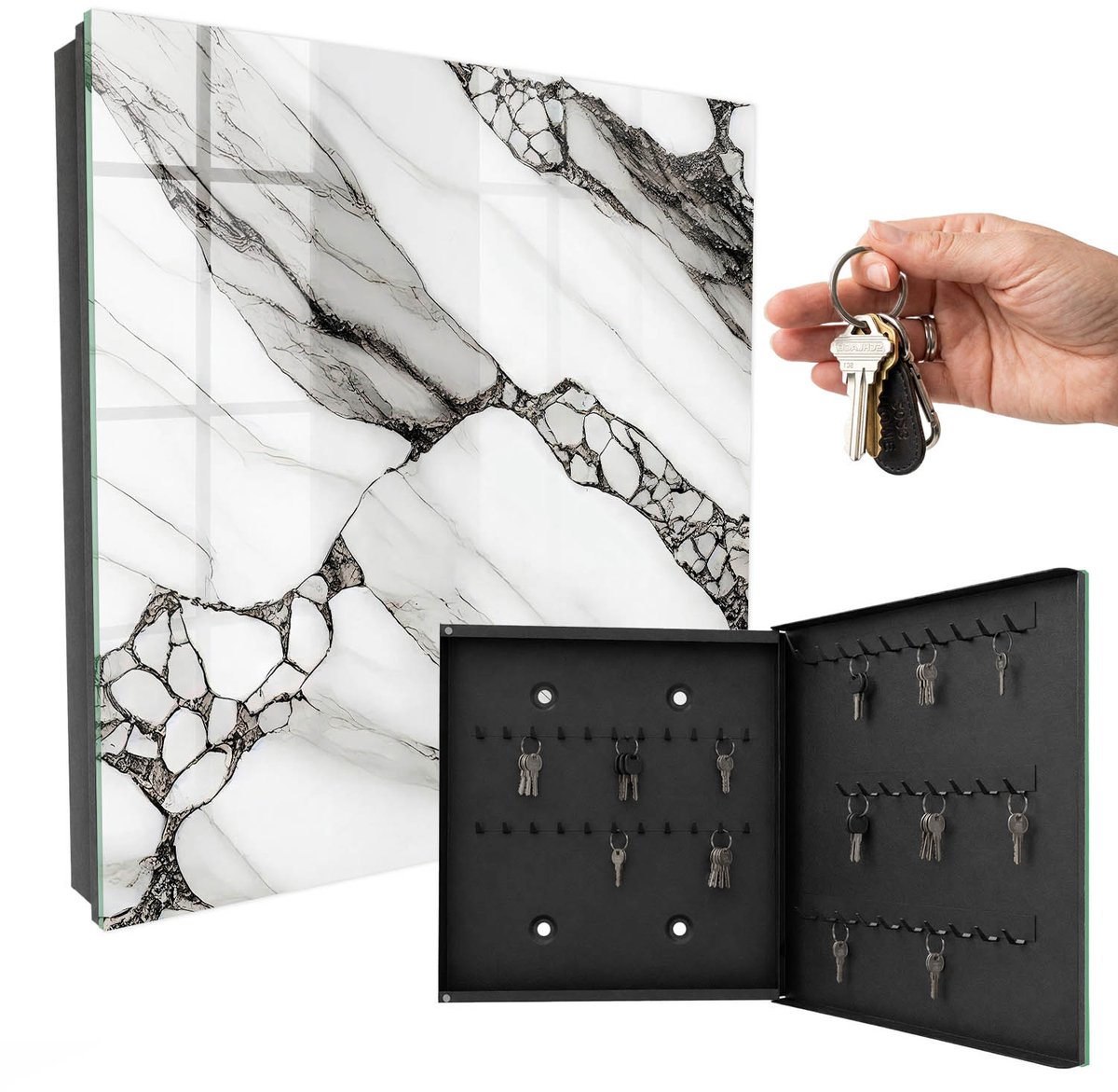WallMuralia - Sleutelkast - 30x30x5 cm - met 50 haken - Marmerpatroon Sleutelkastje Industrieel - Wit Sleutelbox - Rechtsopenend - Zwart interieur