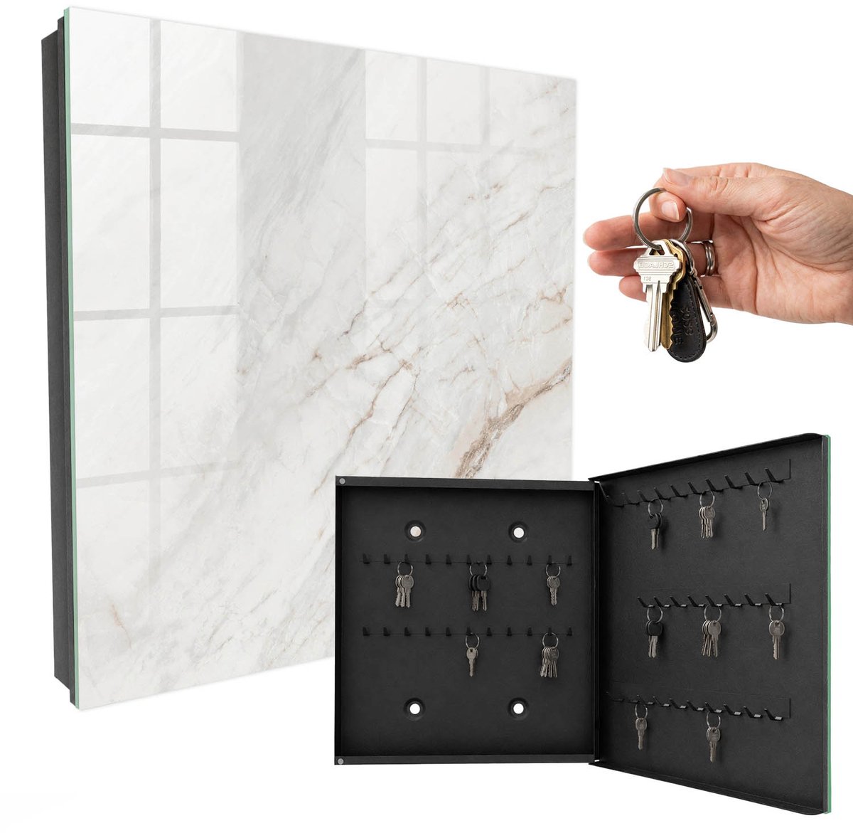 WallMuralia - Sleutelkast - 30x30x5 cm - met 50 haken - Crème Patroon Sleutelkastje Gang - Romig Sleutelbox - Rechtsopenend - Zwart interieur