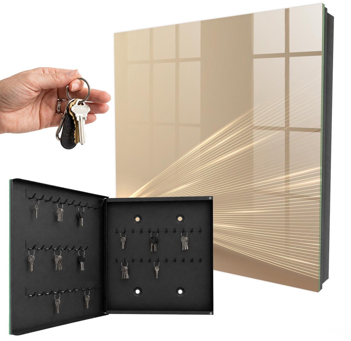 WallMuralia - Sleutelkast - 30x30x5 cm - met 50 haken - Minimalistische Lijnen Sleutelkastje Muur - Beige Sleutelbox - Linksopenend - Zwart interieur