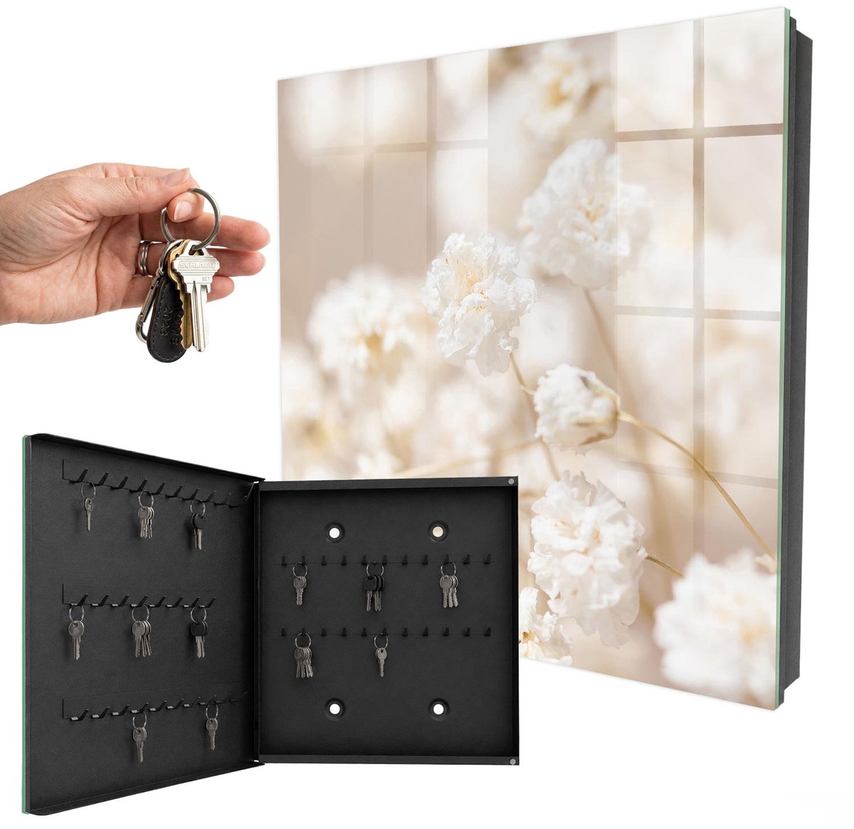 WallMuralia - Sleutelkast - 30x30x5 cm - met 50 haken - Heldere Bloemen Design Sleutelkastje - Beige Sleutelbox - Linksopenend - Zwart interieur