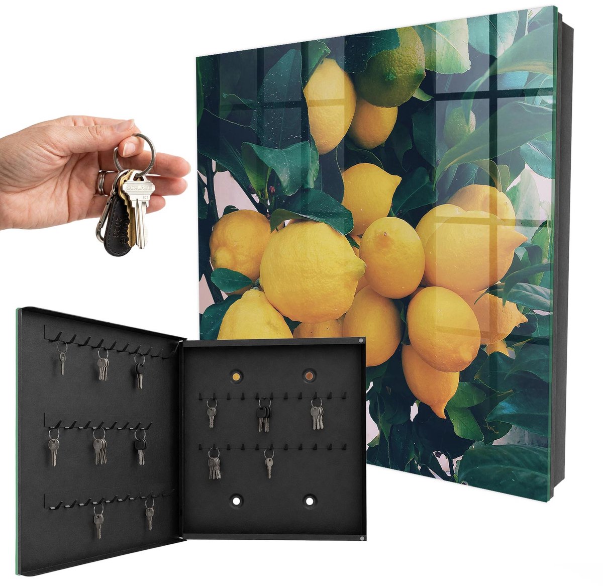 WallMuralia - Sleutelkast - 30x30x5 cm - met 50 haken - Groene Bladeren Sleutelkastje Huis - Groente Sleutelbox - Linksopenend - Zwart interieur