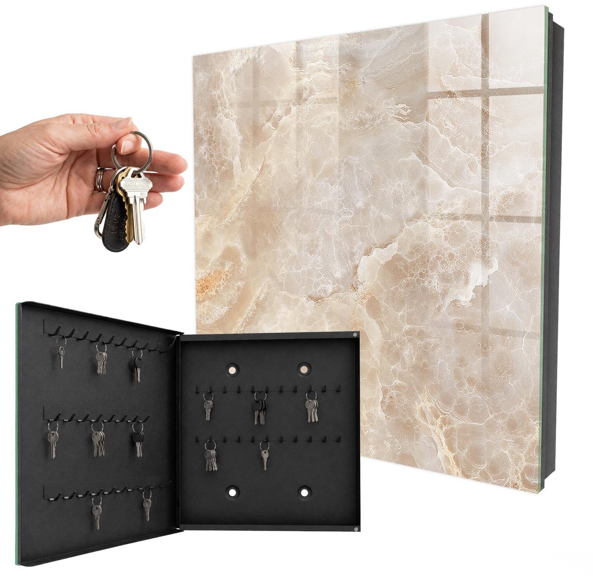 WallMuralia - Sleutelkast - 30x30x5 cm - met 50 haken - Beige Marmer Sleutelkastje Voor Binnen - Beige Sleutelbox - Linksopenend - Zwart interieur
