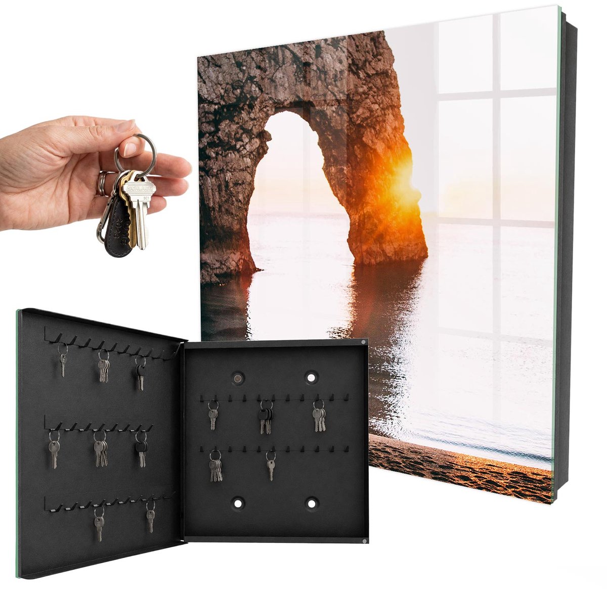 WallMuralia - Sleutelkast - 30x30x5 cm - met 50 haken - Rotsboog Sleutelkastje Klein - Oranje Sleutelbox - Linksopenend - Zwart interieur