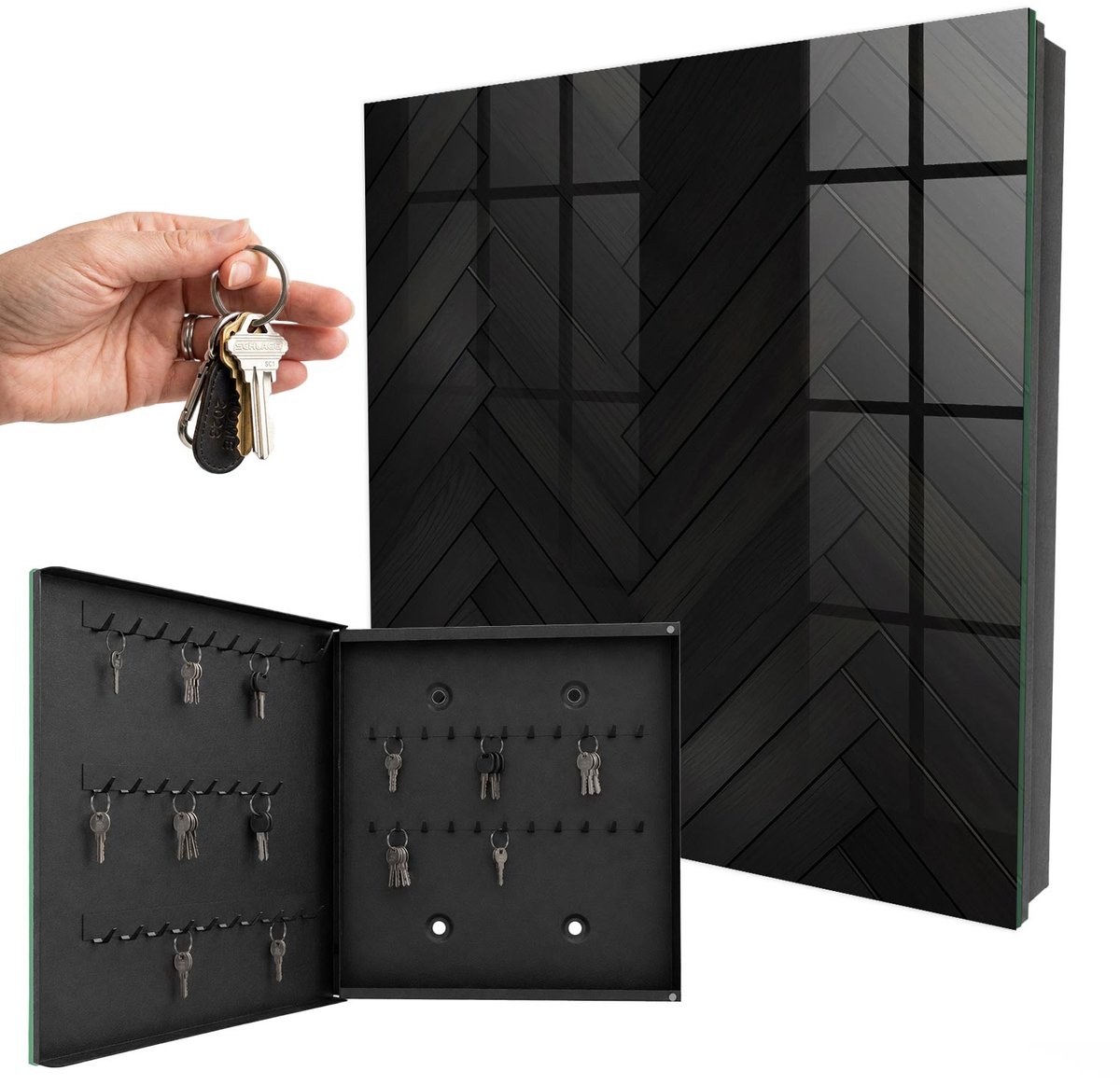 WallMuralia - Sleutelkast - 30x30x5 cm - met 50 haken - Donkere Elegantie Sleutelkastje - Zwart Sleutelbox - Linksopenend - Zwart interieur