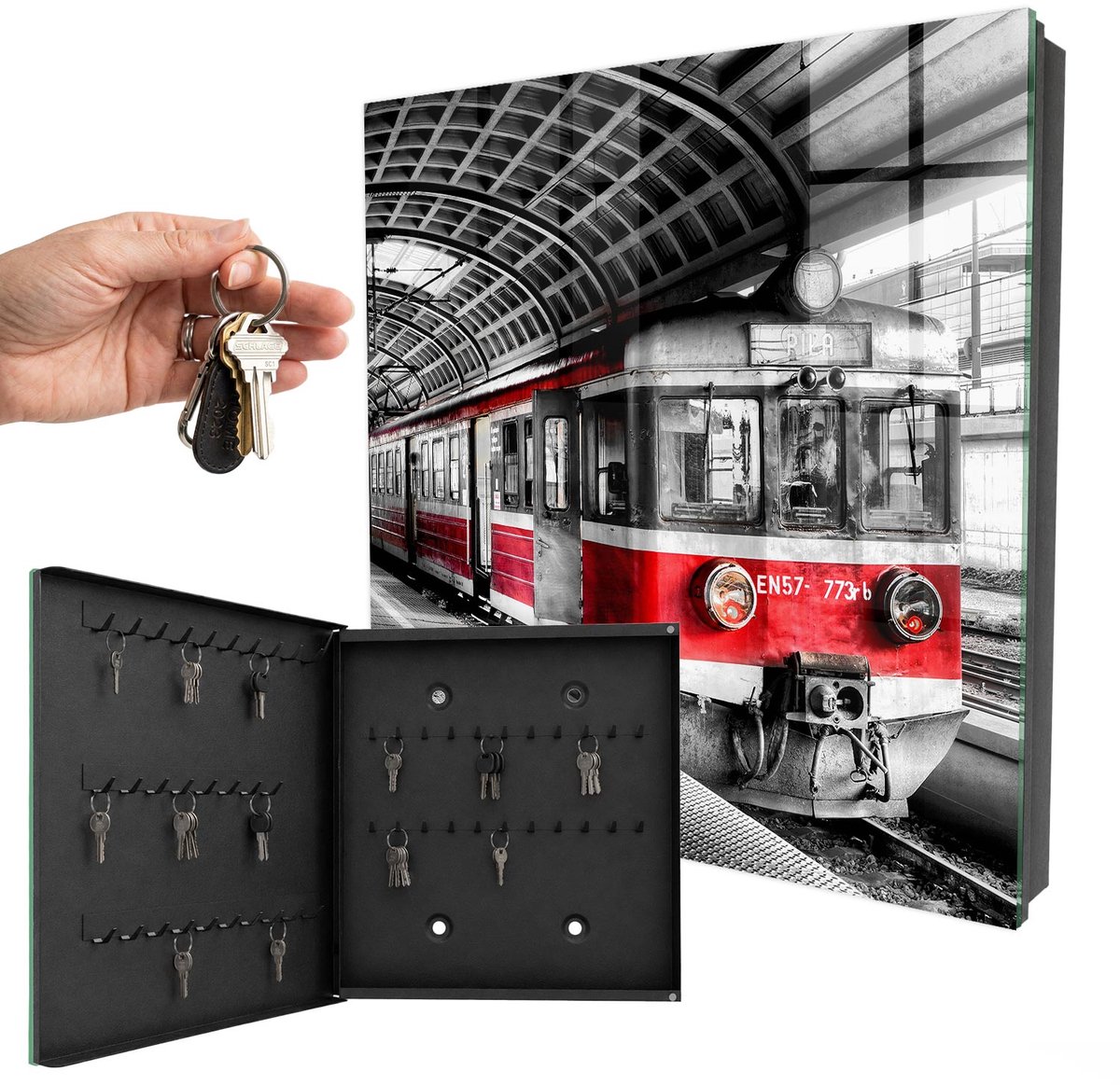 WallMuralia - Sleutelkast - 30x30x5 cm - met 50 haken - Spoorwegsymmetrie Sleutelkastje Hal - Zwart Sleutelbox - Linksopenend - Zwart interieur