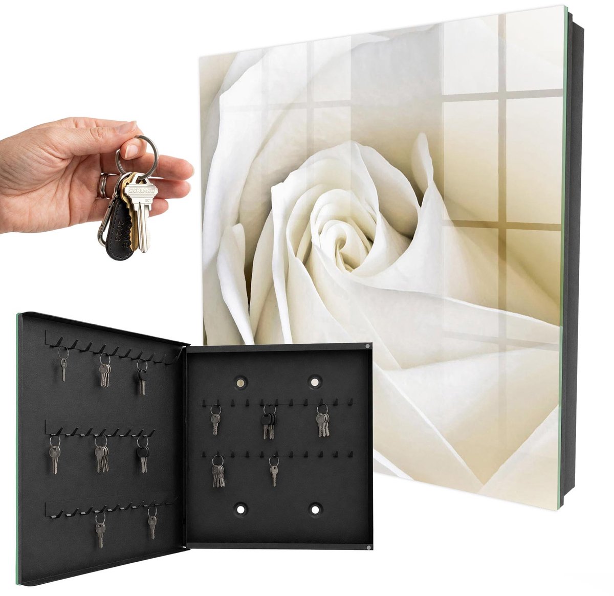 WallMuralia - Sleutelkast - 30x30x5 cm - met 50 haken - Witte Roos Sleutelkastje Binnen - Wit Sleutelbox - Linksopenend - Zwart interieur