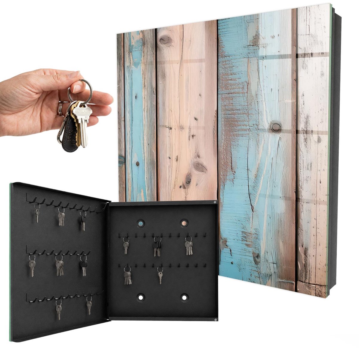 WallMuralia - Sleutelkast - 30x30x5 cm - met 50 haken - Pastelkleurig Hout Sleutelkastje Design - Blauw Sleutelbox - Linksopenend - Zwart interieur