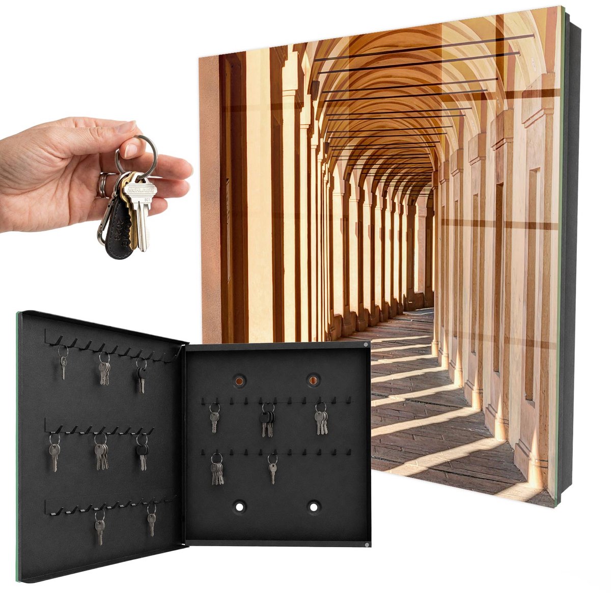 WallMuralia - Sleutelkast - 30x30x5 cm - met 50 haken - Architectonische Elegantie Sleutelkastje Design - Beige Sleutelbox - Linksopenend - Zwart interieur