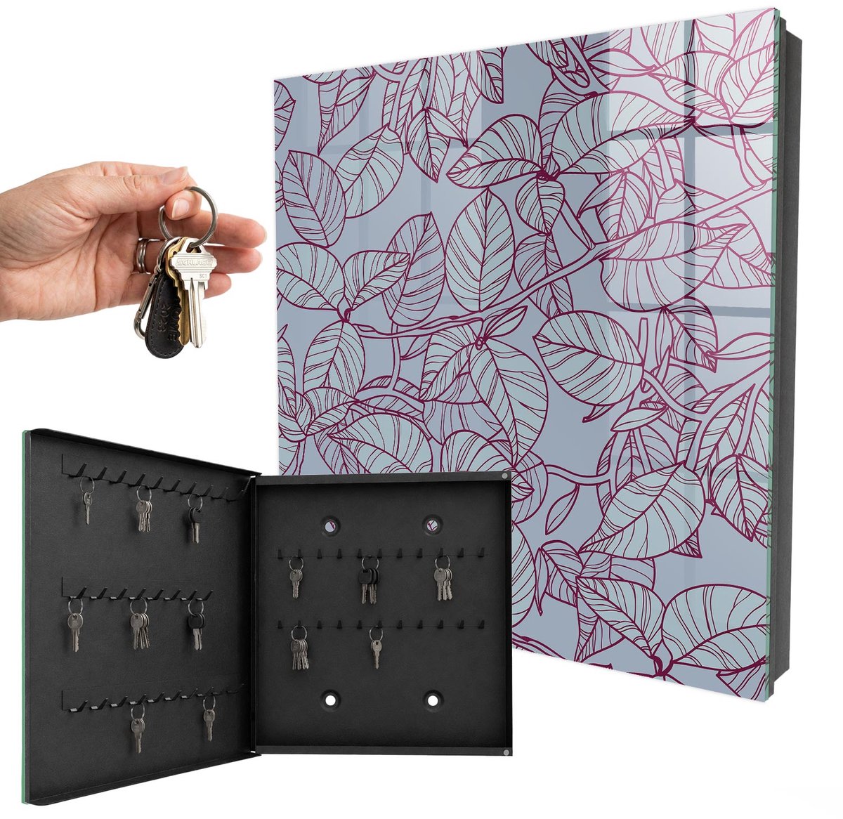 WallMuralia - Sleutelkast - 30x30x5 cm - met 50 haken - Bourgondische Bladeren Sleutelkastje Huis - Grijs Sleutelbox - Linksopenend - Zwart interieur