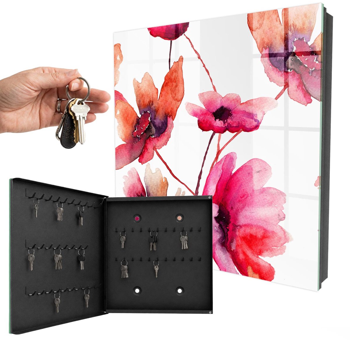 WallMuralia - Sleutelkast - 30x30x5 cm - met 50 haken - Aquarel Bloemen Sleutelkastje Huis - Rood Sleutelbox - Linksopenend - Zwart interieur