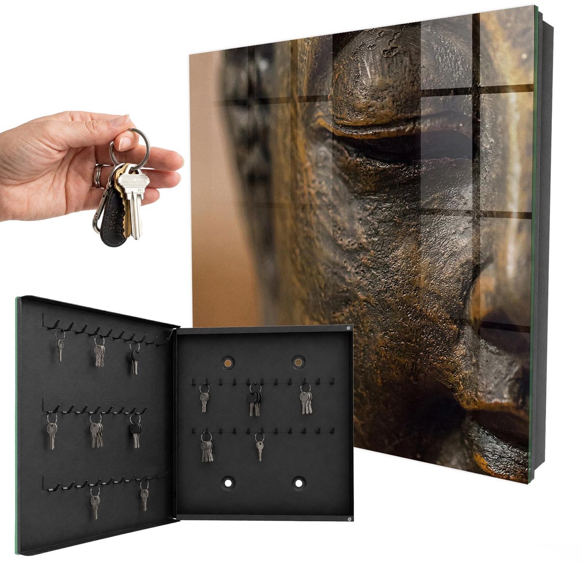WallMuralia - Sleutelkast - 30x30x5 cm - met 50 haken - Stille Elegantie Sleutelkastje Klein - Bruin Sleutelbox - Linksopenend - Zwart interieur