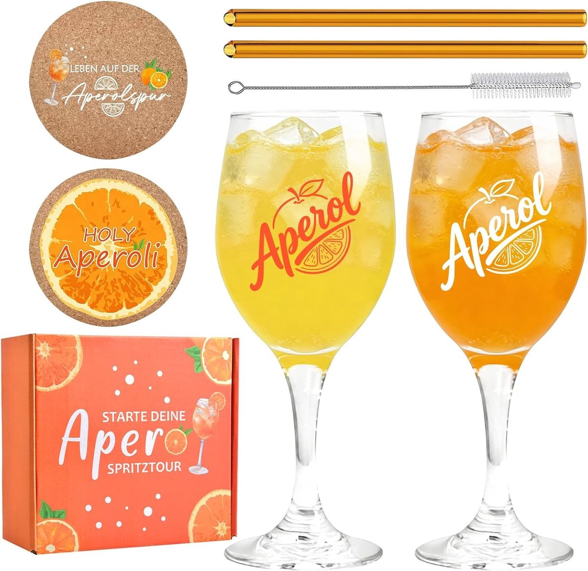 Aperol Geschenkset met 2 Glazen, Onderzetters, Rietjes en Schoonmaakborstel - Perfecte Set voor Aperol Liefhebbers en Feestjes