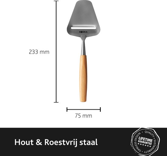Een kaasrasp met een roestvrijstalen blad en een houten handvat, 233 mm lang en 75 mm breed.