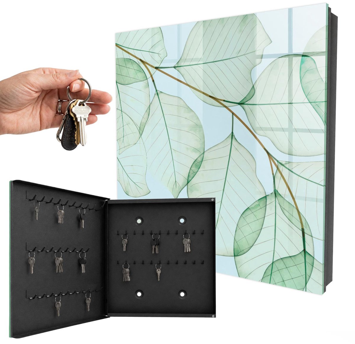 WallMuralia - Sleutelkast - 30x30x5 cm - met 50 haken - Groene Bladeren Sleutelkastje - Groente Sleutelbox - Linksopenend - Zwart interieur