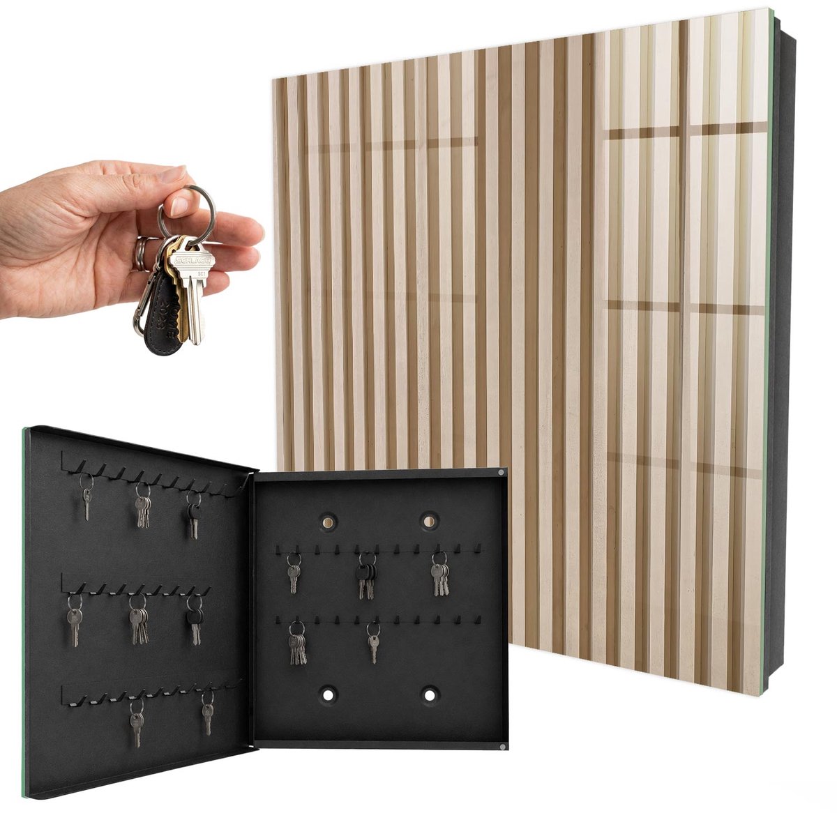 WallMuralia - Sleutelkast - 30x30x5 cm - met 50 haken - Beige Lijnen Design Sleutelkastje - Beige Sleutelbox - Linksopenend - Zwart interieur