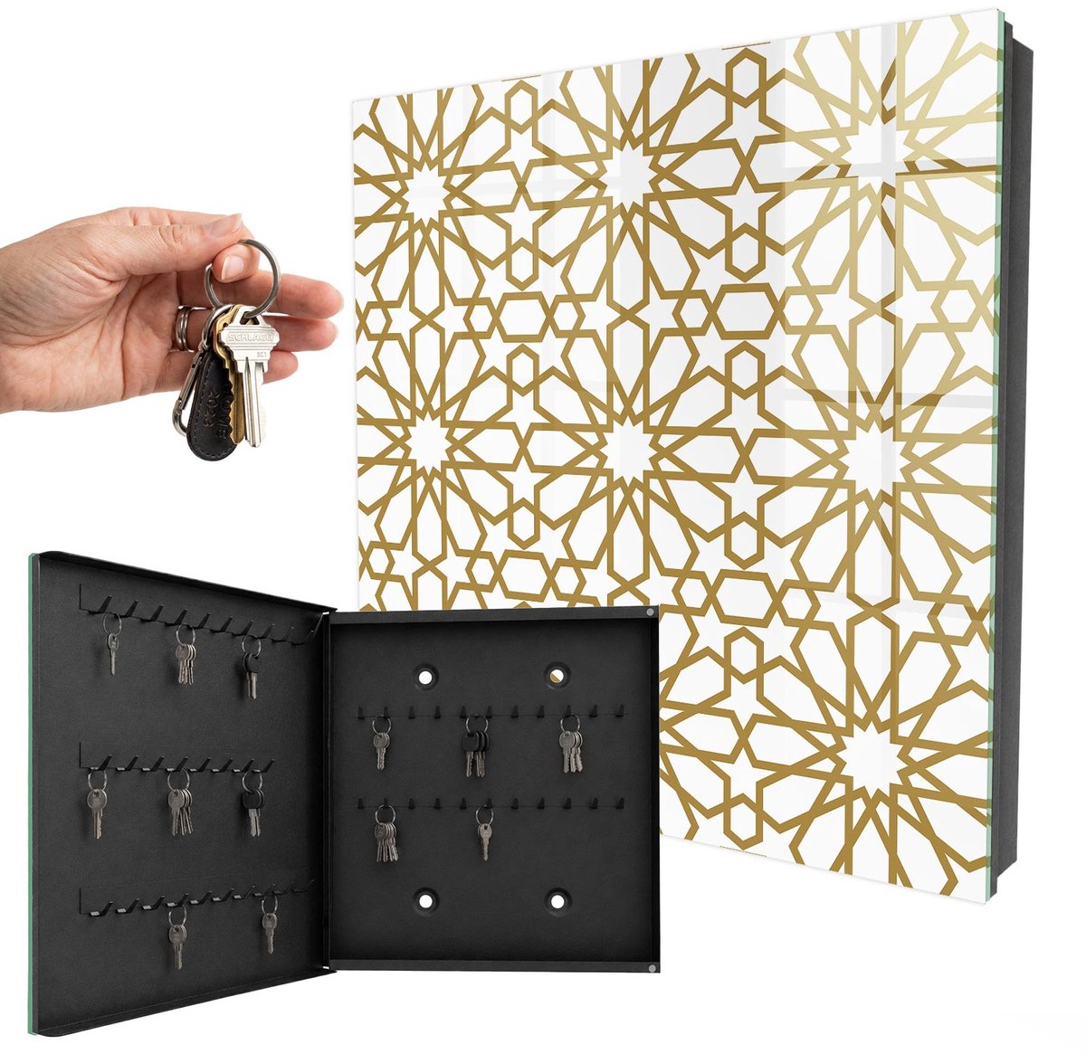 WallMuralia - Sleutelkast - 30x30x5 cm - met 50 haken - Geometrisch Patroon Sleutelkastje Hal - Wit Sleutelbox - Linksopenend - Zwart interieur