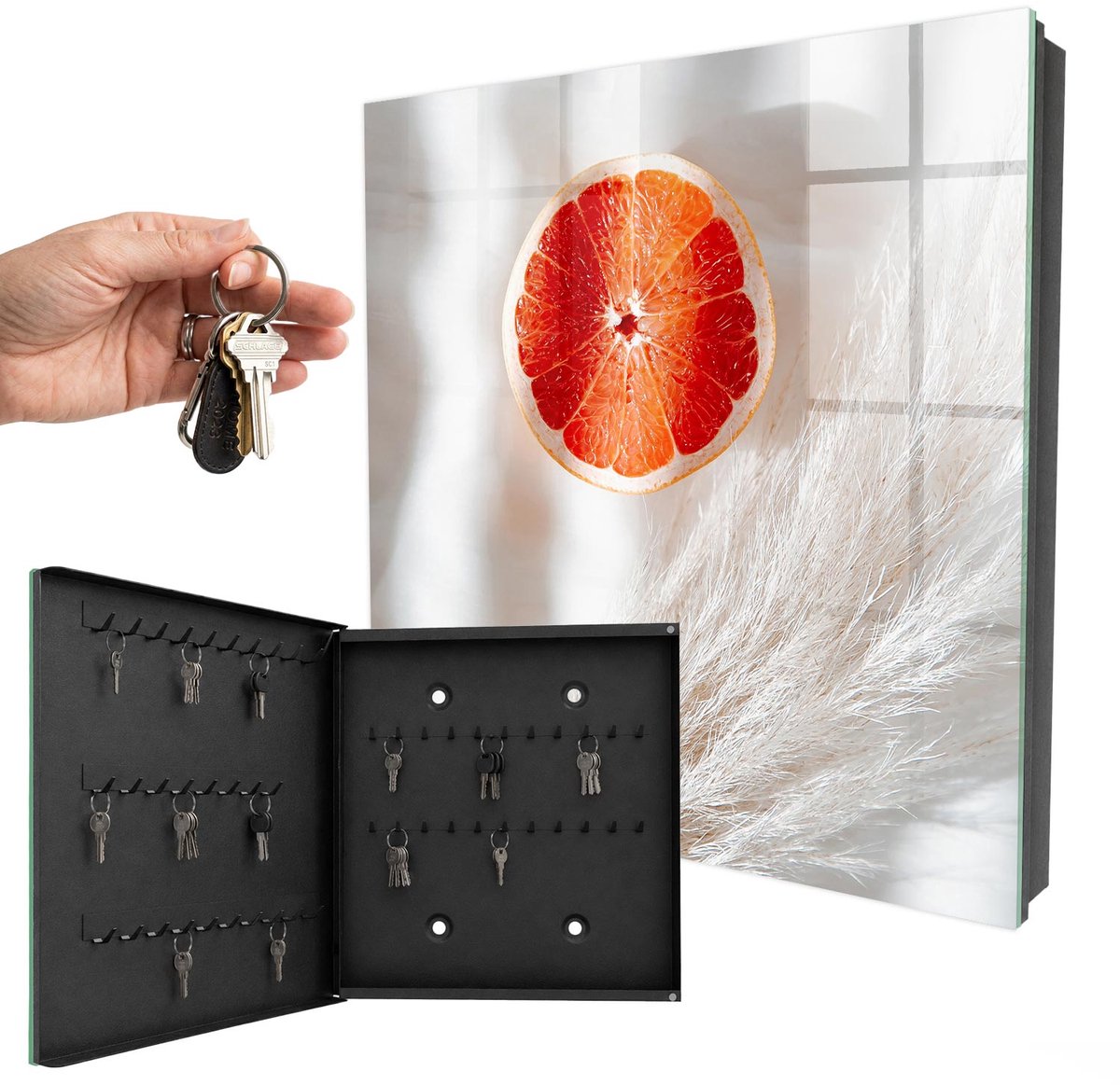WallMuralia - Sleutelkast - 30x30x5 cm - met 50 haken - Rode Grapefruit En Bohogras Sleutelkastje Klein - Wit Sleutelbox - Linksopenend - Zwart interieur