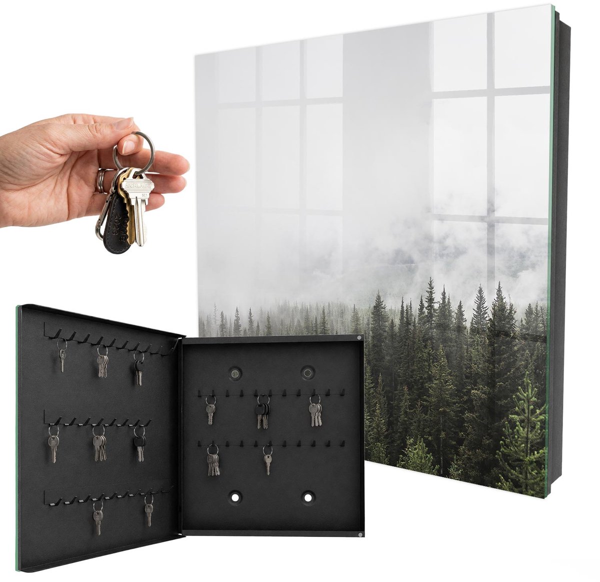 WallMuralia - Sleutelkast - 30x30x5 cm - met 50 haken - Mistige Dennen Leuk Sleutelkastje - Wit Sleutelbox - Linksopenend - Zwart interieur
