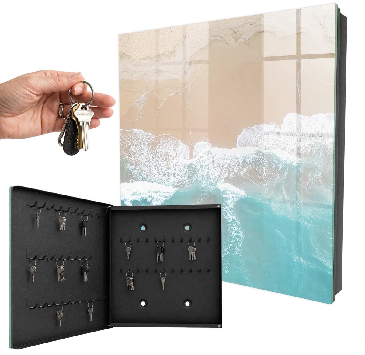 WallMuralia - Sleutelkast - 30x30x5 cm - met 50 haken - Ontspanning Aan Het Strand Sleutelkastje Muur - Turkoois Sleutelbox - Linksopenend - Zwart interieur