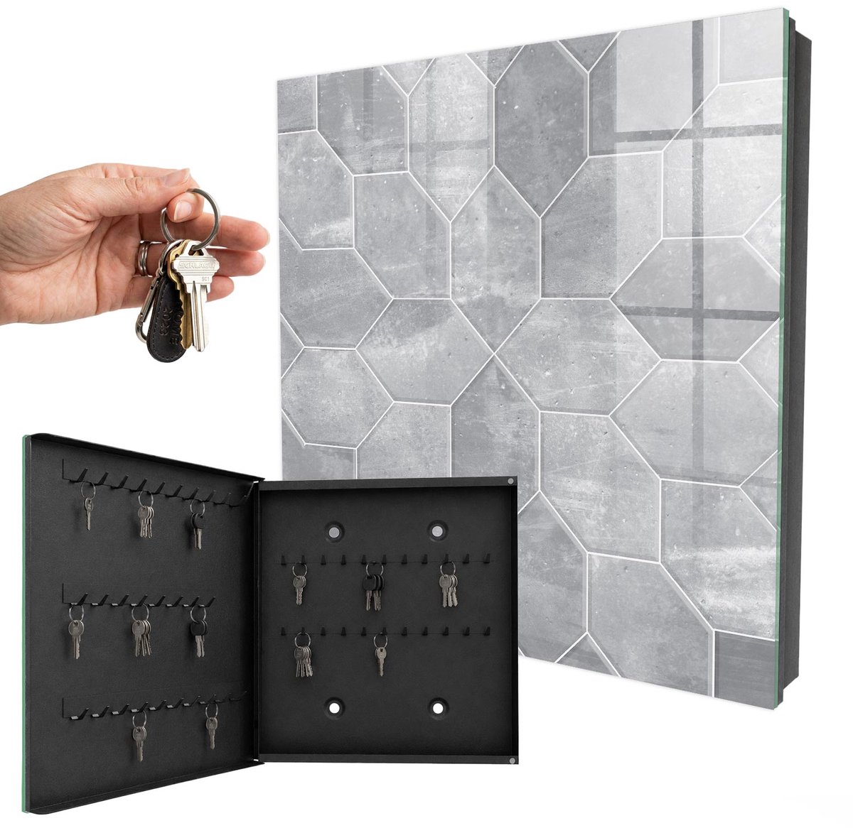 WallMuralia - Sleutelkast - 30x30x5 cm - met 50 haken - Grijze Geometrie Sleutelkastje Industrieel - Grijs Sleutelbox - Linksopenend - Zwart interieur