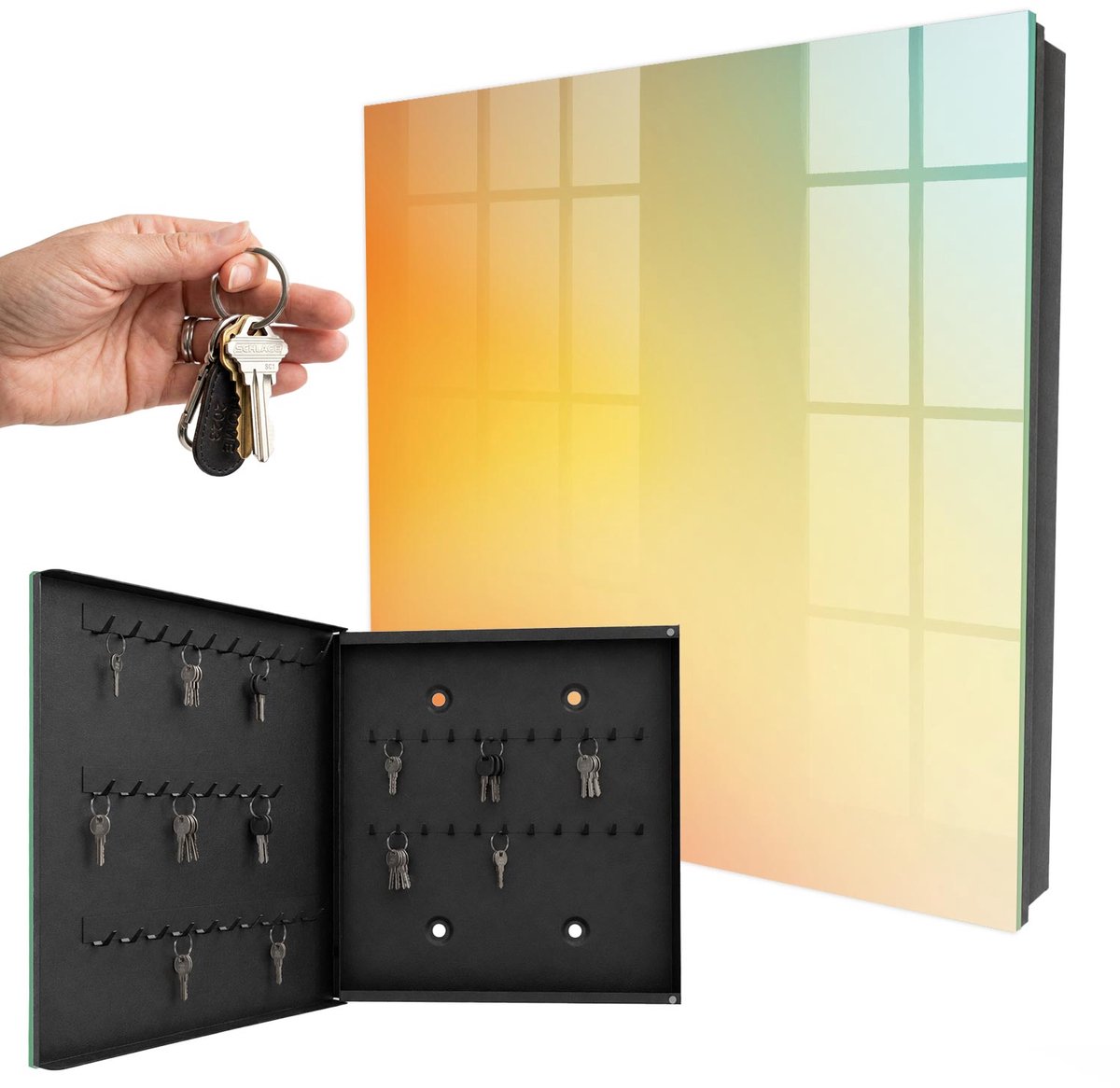 WallMuralia - Sleutelkast - 30x30x5 cm - met 50 haken - Kleurrijk Verloop Sleutelkastje Huis - Oranje Sleutelbox - Linksopenend - Zwart interieur