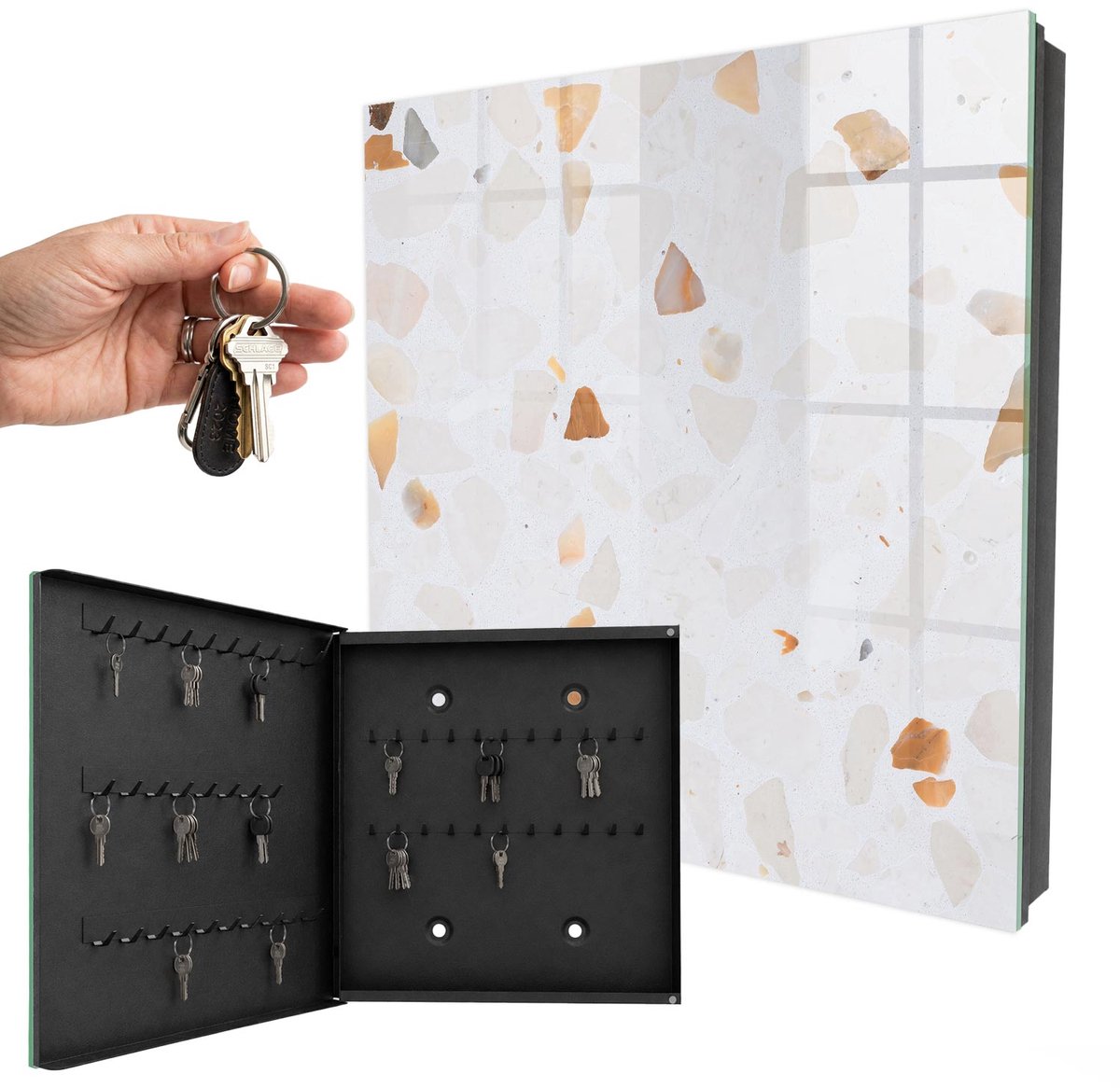 WallMuralia - Sleutelkast - 30x30x5 cm - met 50 haken - Gekleurde Stenen Sleutelkastje Huis - Wit Sleutelbox - Linksopenend - Zwart interieur