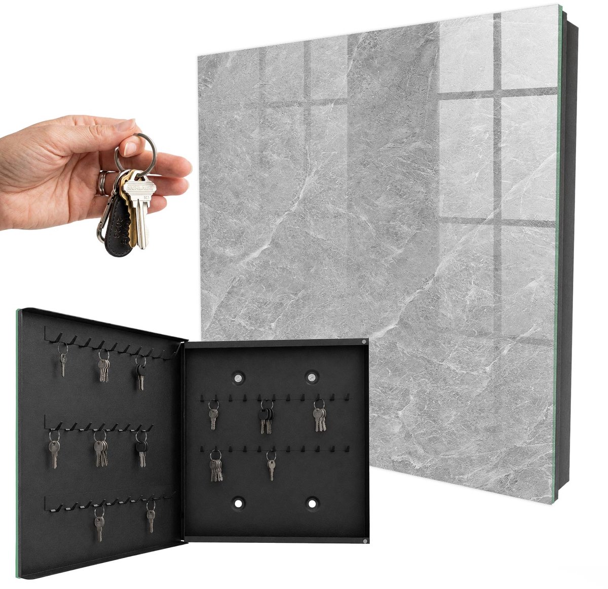 WallMuralia - Sleutelkast - 30x30x5 cm - met 50 haken - Marmertextuur Leuk Sleutelkastje - Grijs Sleutelbox - Linksopenend - Zwart interieur