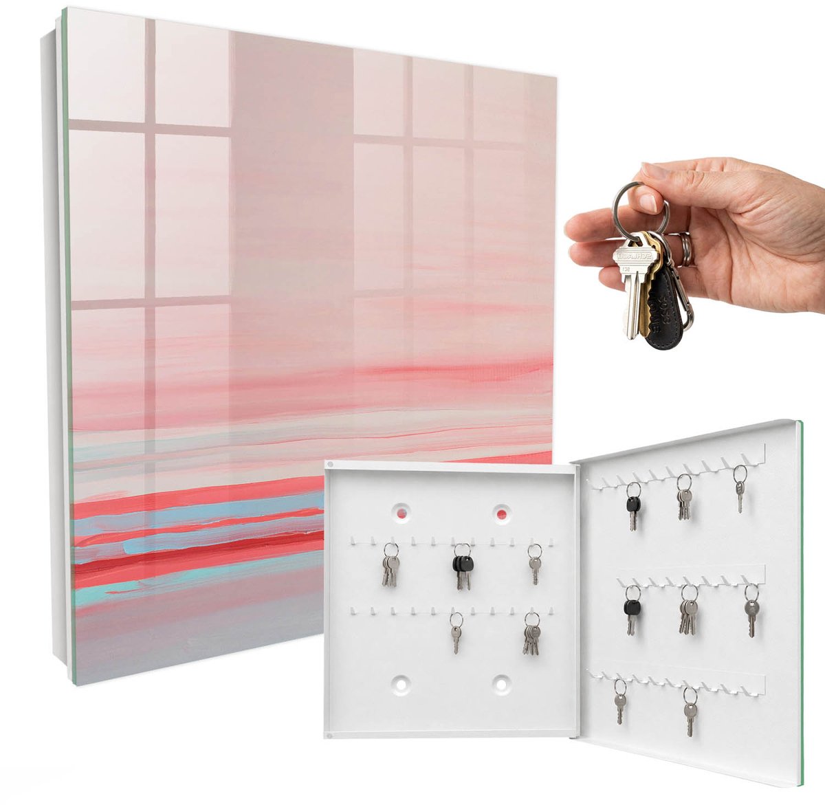 WallMuralia - Sleutelkast - 30x30x5 cm - met 50 haken - Pastelkleurige Strepen Sleutelkastje Muur - Roze Sleutelbox - Rechtsopenend - Wit interieur