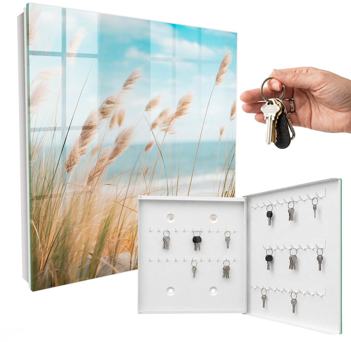 WallMuralia - Sleutelkast - 30x30x5 cm - met 50 haken - Zomerstrand Sleutelkastje Klein - Turkoois Sleutelbox - Rechtsopenend - Wit interieur