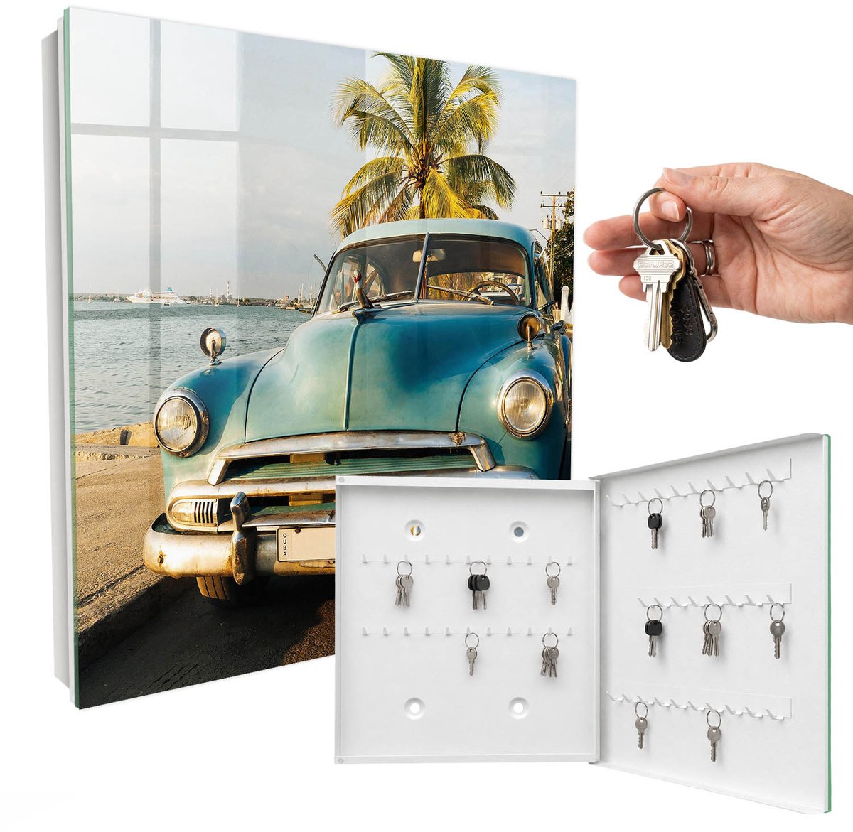 WallMuralia - Sleutelkast - 30x30x5 cm - met 50 haken - Retro Auto Sleutelkastje Landelijk - Blauw Sleutelbox - Rechtsopenend - Wit interieur