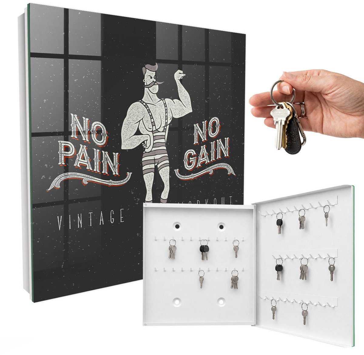 WallMuralia - Sleutelkast - 30x30x5 cm - met 50 haken - Retro Sterke Man Sleutelkastje Voor Binnen - Zwart Sleutelbox - Rechtsopenend - Wit interieur
