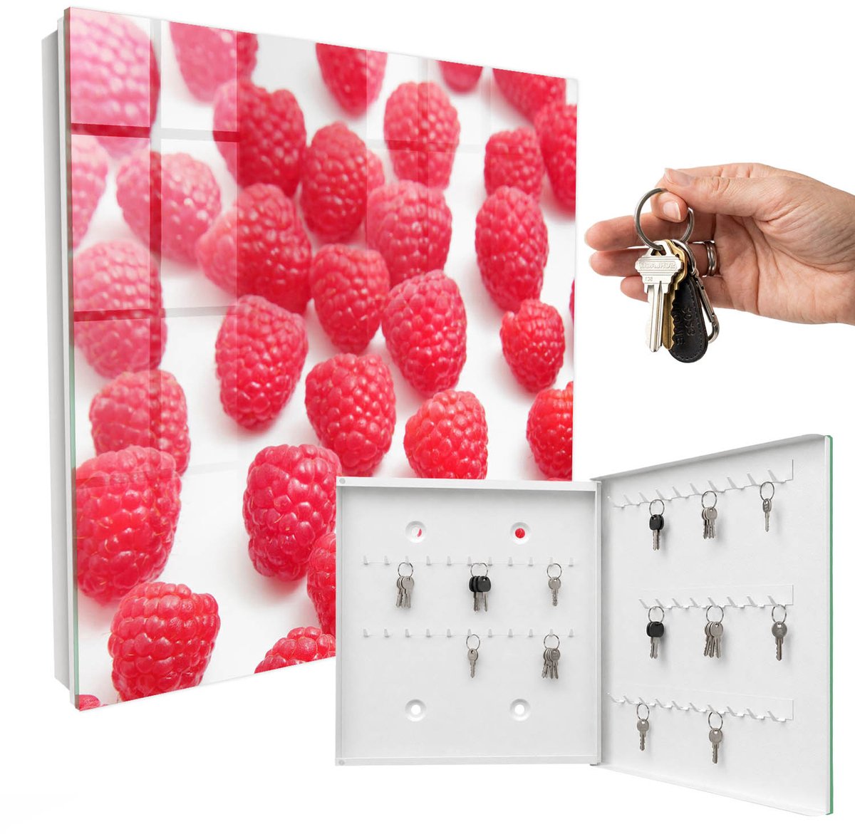 WallMuralia - Sleutelkast - 30x30x5 cm - met 50 haken - Roze Frambozen Leuk Sleutelkastje - Roze Sleutelbox - Rechtsopenend - Wit interieur