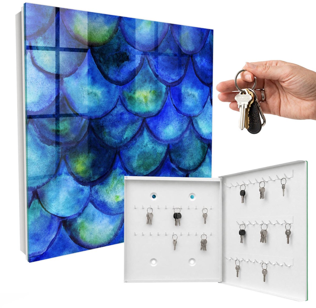 WallMuralia - Sleutelkast - 30x30x5 cm - met 50 haken - Blauwe Schubben Sleutelkastje Modern - Blauw Sleutelbox - Rechtsopenend - Wit interieur