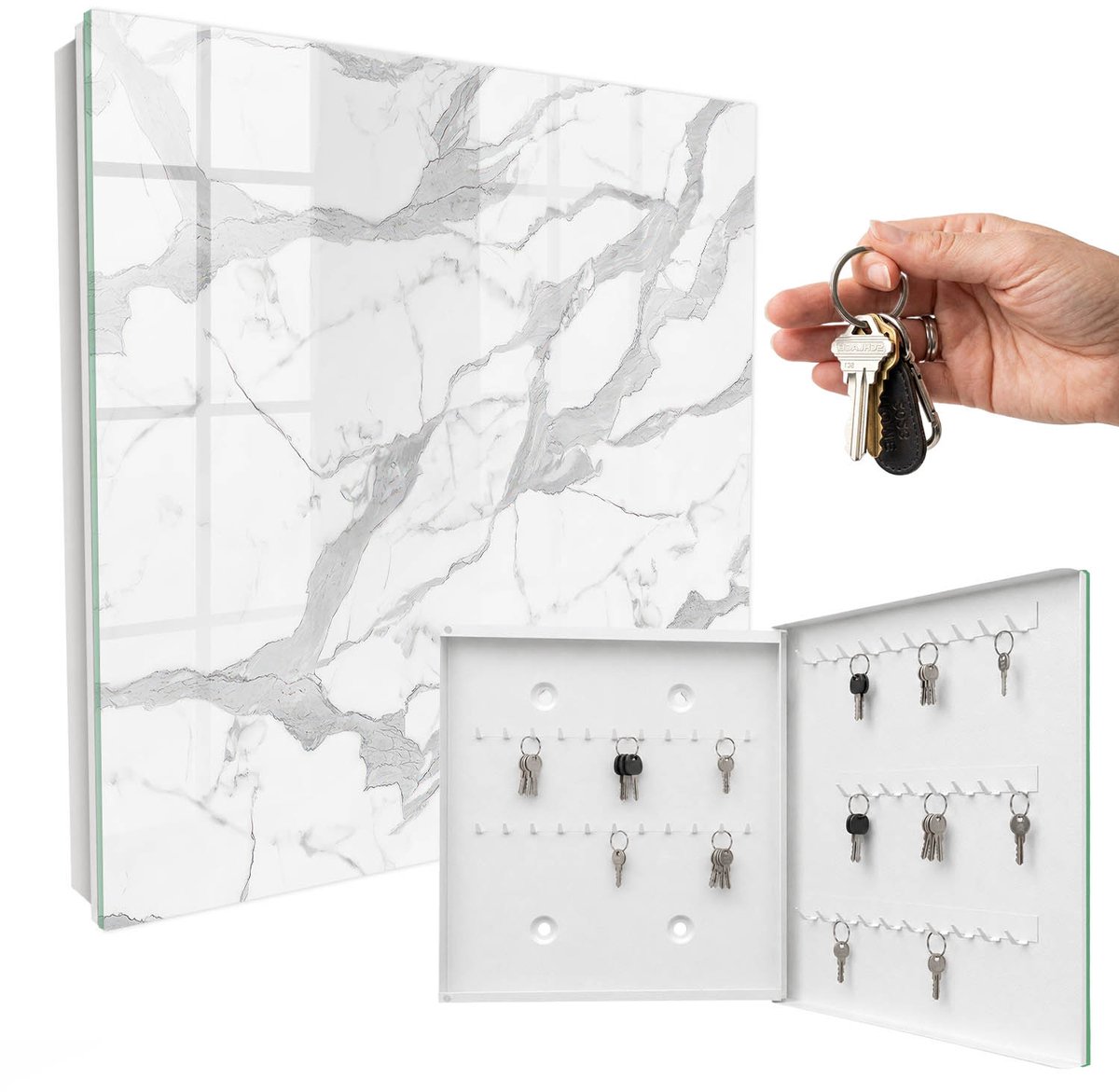 WallMuralia - Sleutelkast - 30x30x5 cm - met 50 haken - Marmeren Elegantie Sleutelkastje Gang - Wit Sleutelbox - Rechtsopenend - Wit interieur