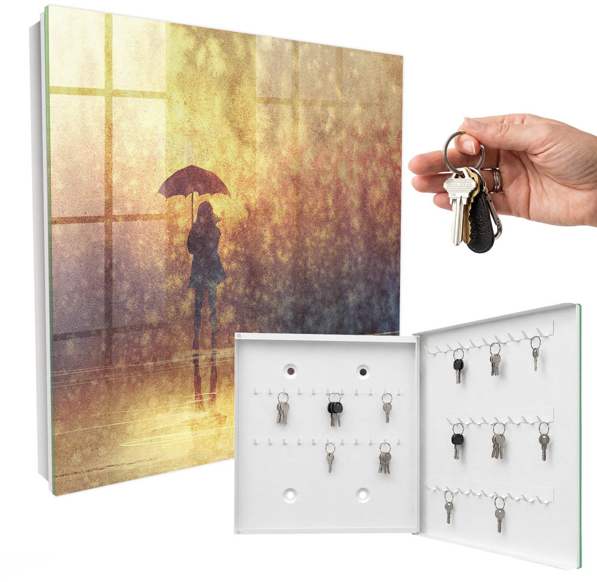 WallMuralia - Sleutelkast - 30x30x5 cm - met 50 haken - Warme Melancholie Sleutelkastje Klein - Geel Sleutelbox - Rechtsopenend - Wit interieur