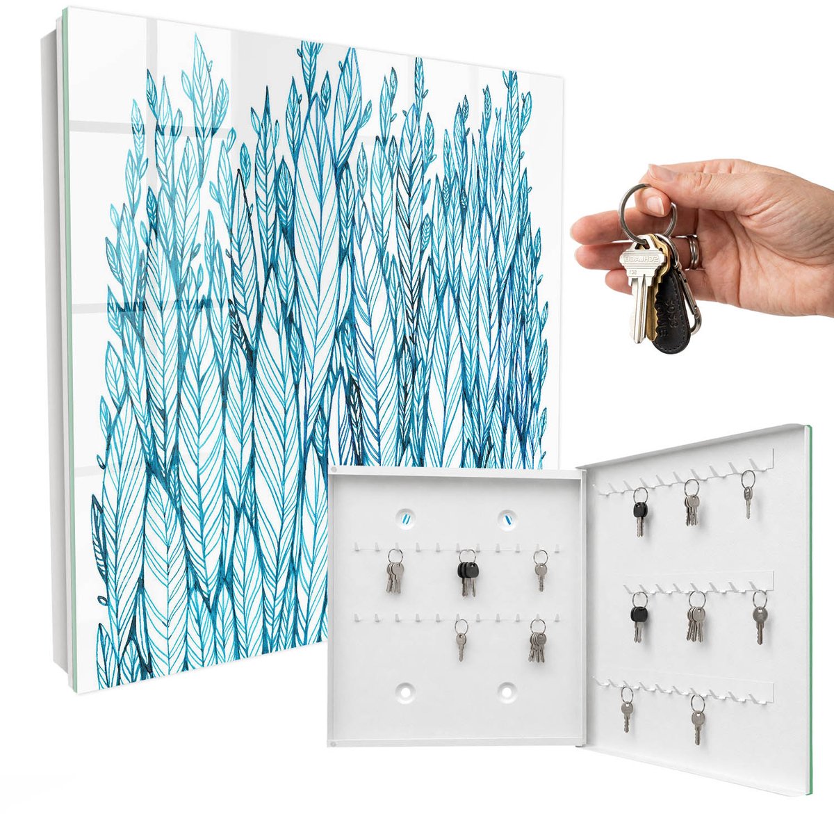 WallMuralia - Sleutelkast - 30x30x5 cm - met 50 haken - Bladrijke Elegantie Sleutelkastje Voor Binnen - Blauw Sleutelbox - Rechtsopenend - Wit interieur