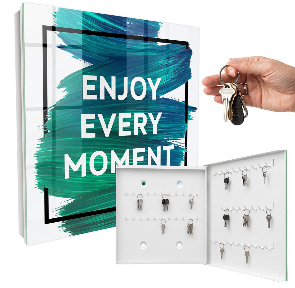 WallMuralia - Sleutelkast - 30x30x5 cm - met 50 haken - Dagelijkse Inspiratie Sleutelkastje - Blauw Sleutelbox - Rechtsopenend - Wit interieur