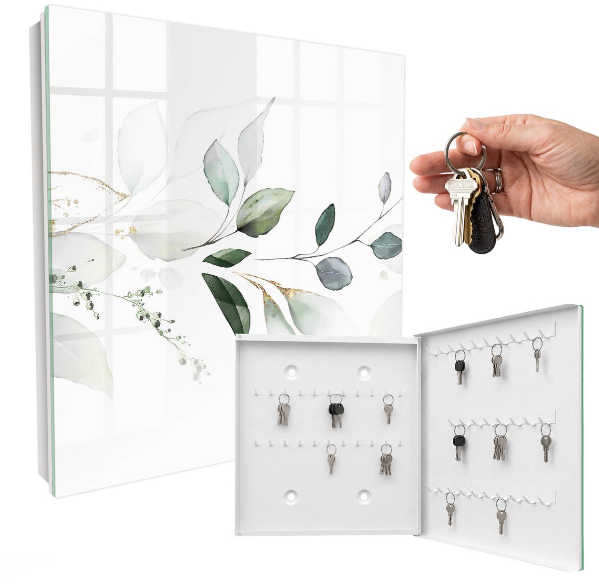 WallMuralia - Sleutelkast - 30x30x5 cm - met 50 haken - Aquarelbladeren Leuk Sleutelkastje - Groente Sleutelbox - Rechtsopenend - Wit interieur