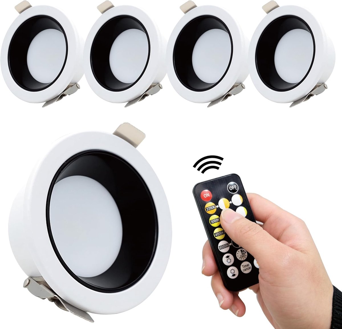 Set van 4 led-inbouwspots plat, 7 W dimbare plafondspots, 5 kleurtemperaturen en helderheid via afstandsbediening schakelbaar, met geheugenfunctie, extra warmwit/warmwit/neutraal wit/koudwit