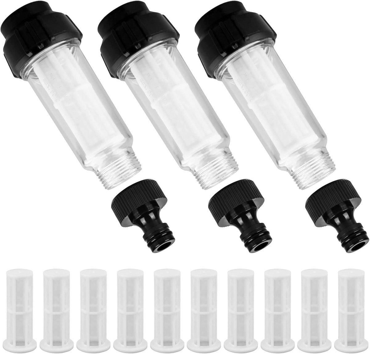3 stuks waterfilter tuinslang, watervoorfilter 3/4 inch met 10 filterinzetstukken en 3 sneladapters voor hogedrukreiniger, tuinpomp, tuinirrigatie, camper