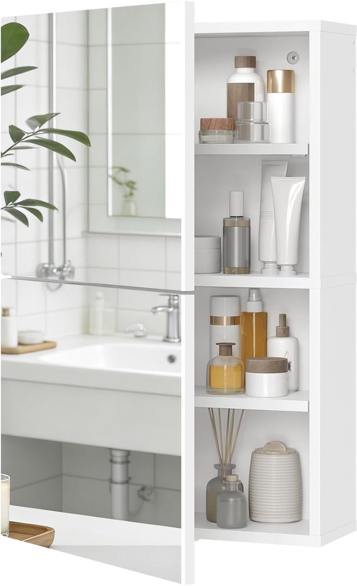 Wandkast met dubbele spiegel, spiegelkast | wandgemonteerde opbergkast met 2 verstelbare planken, voor de hal, woonkamer, wasruimte, keuken en slaapkamer, wit WCWT4101