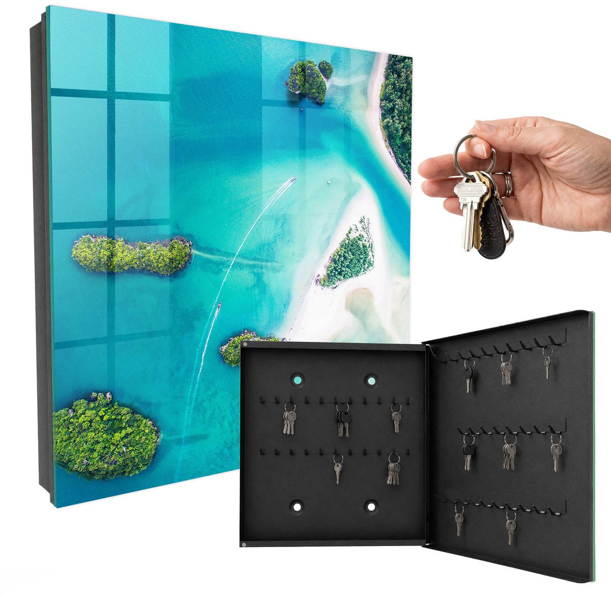 WallMuralia - Sleutelkast - 30x30x5 cm - met 50 haken - Exotische Stranden Groot Sleutelkastje - Turkoois Sleutelbox - Rechtsopenend - Zwart interieur