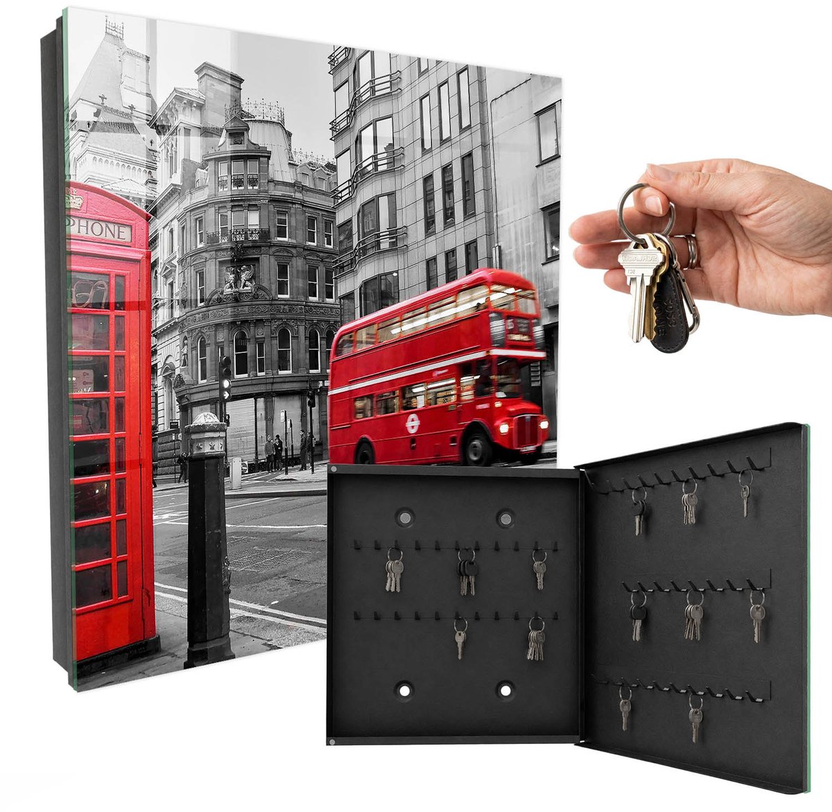 WallMuralia - Sleutelkast - 30x30x5 cm - met 50 haken - Londen Contrast Sleutelkastje Modern - Rood Sleutelbox - Rechtsopenend - Zwart interieur