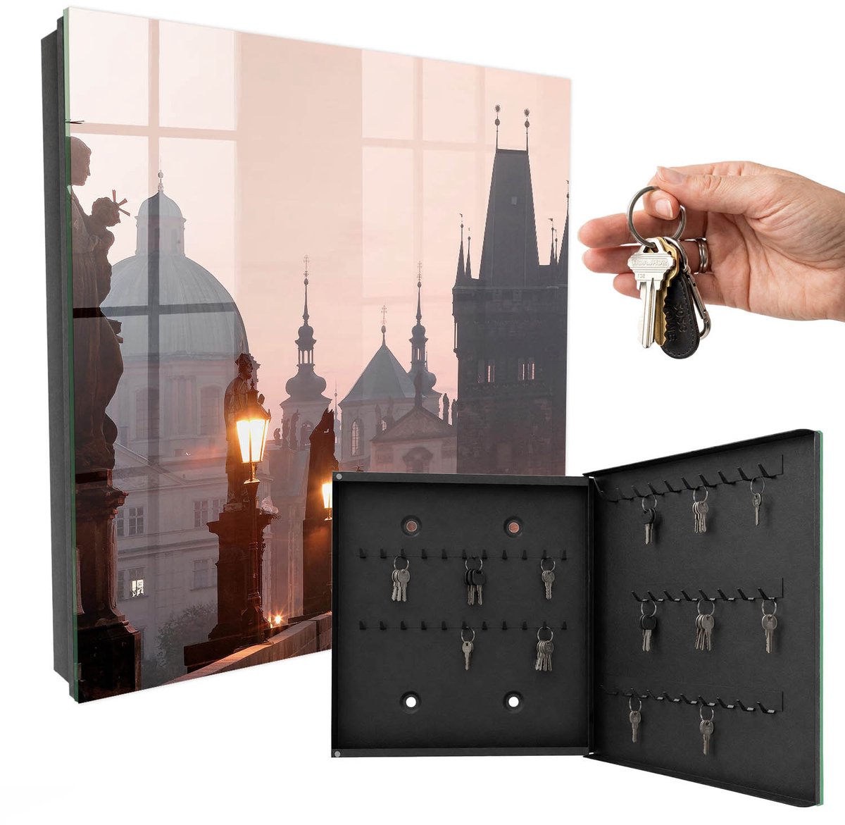 WallMuralia - Sleutelkast - 30x30x5 cm - met 50 haken - Historische Brug Design Sleutelkastje - Roze Sleutelbox - Rechtsopenend - Zwart interieur