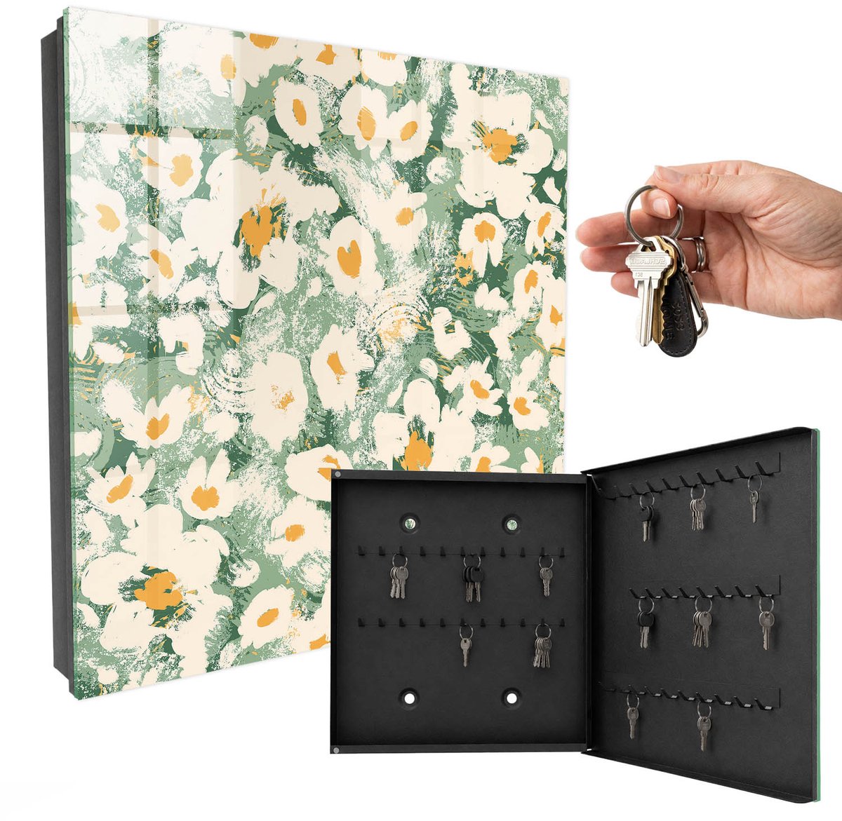 WallMuralia - Sleutelkast - 30x30x5 cm - met 50 haken - Bloemenpatroon Sleutelkastje Huis - Groente Sleutelbox - Rechtsopenend - Zwart interieur