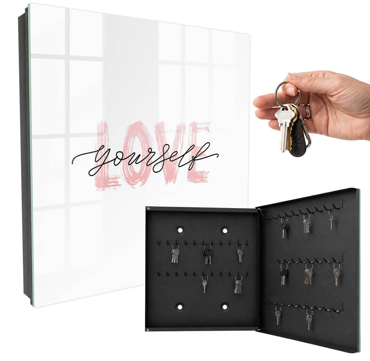 WallMuralia - Sleutelkast - 30x30x5 cm - met 50 haken - Houd Van Jezelf Sleutelkastje Modern - Wit Sleutelbox - Rechtsopenend - Zwart interieur
