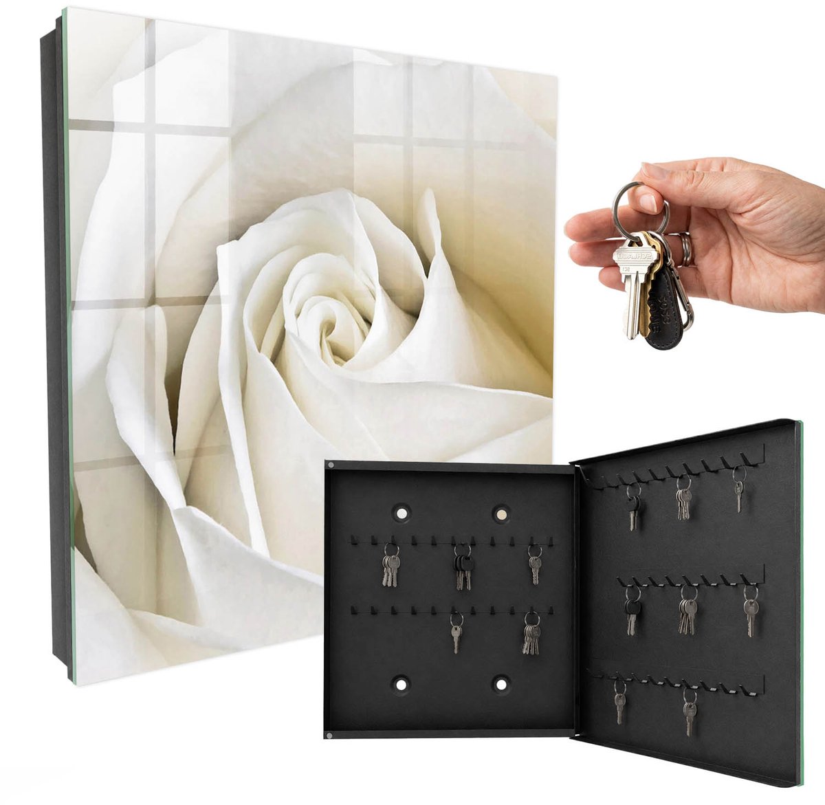 WallMuralia - Sleutelkast - 30x30x5 cm - met 50 haken - Witte Roos Leuk Sleutelkastje - Wit Sleutelbox - Rechtsopenend - Zwart interieur