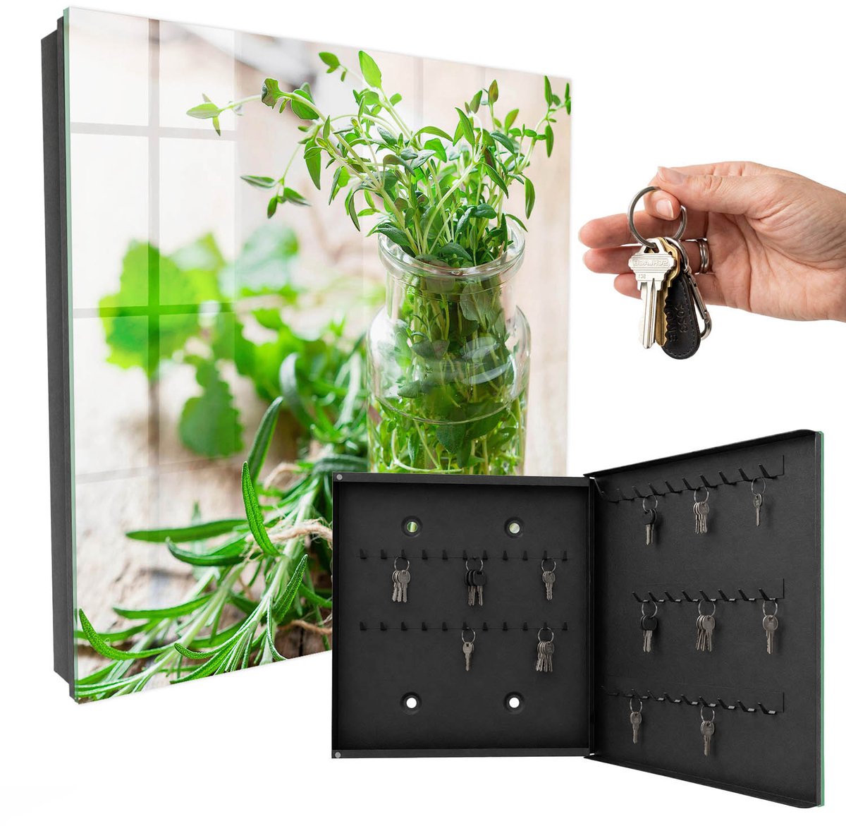 WallMuralia - Sleutelkast - 30x30x5 cm - met 50 haken - Groene Kruiden Sleutelkastje Hal - Groente Sleutelbox - Rechtsopenend - Zwart interieur